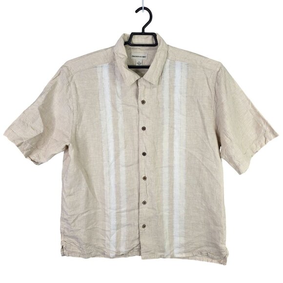Mens Pronto Uomo Beige Striped Shirt 100% Linen Button Up Short Sleeve Size XL - Picture 1 of 7